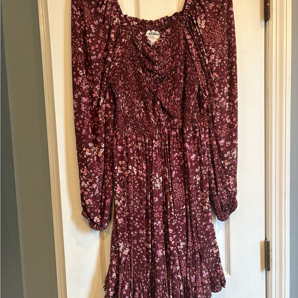 ARULA Burgundy Floral Long Sleeve Dress